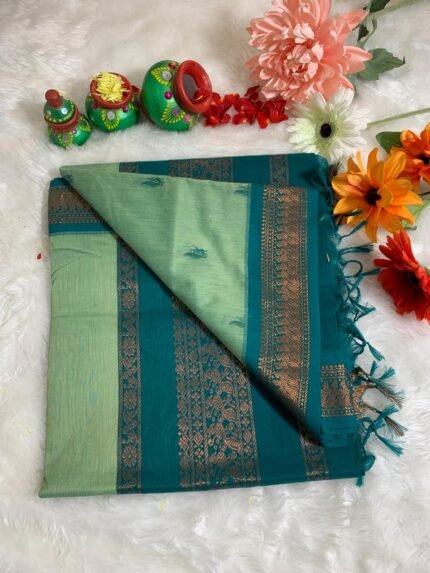 "Celadon Green Pure Kalyani Cotton Saree with Ocean Blue Jari Border"